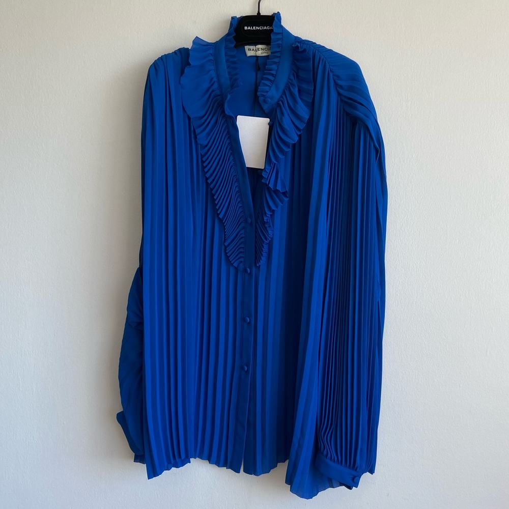 balenciaga electric blue ruffle top
